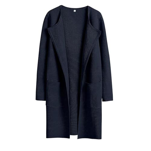 Lapel Classy Coatigan,Women's Long Sleeve Open Front Knit Coats,Solid Classy Sweater Jacket with Pockets (L, Navy Blue) von LinZong