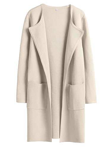 Lapel Classy Coatigan with Pockets, Long Dressy Cardigan Sweaters Winter Knit Casual Solid Jacket Coats (DE/NL/SE/PL, Alphanumerisch, L, Regular, Regular, Beige) von LinZong