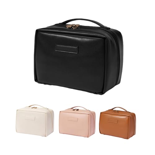 Large Capacity Portable Travel Makeup Bag,PU Leather Waterproof Cosmetic Bag,Zipper Storage Toiletry Bag with Handle (Black) von LinZong