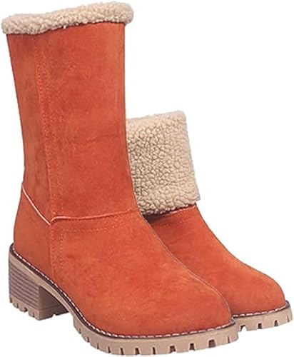 LinZong Chunky Heel Winterstiefel für Senioren,Damen Comfortable Slip On Plüsch gefüttert Warm Ankle Booties Mid Calf Stiefel (Orange, Erwachsene, Damen, 40, Numerisch, EU Schuhgrößensystem, M) von LinZong