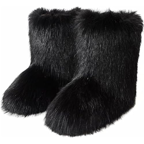 LinZong Furry Fluffy Snow Boots Plush,Faux Fur Boots Mid-Calf Boots for Women,Winter Colorful Fashion Furry Booties lining soft (42, Black) von LinZong