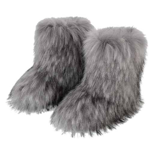 LinZong Furry Fluffy Snow Boots Plush,Faux Fur Boots Mid-Calf Boots for Women,Winter Colorful Fashion Furry Booties lining soft (42, Grey) von LinZong