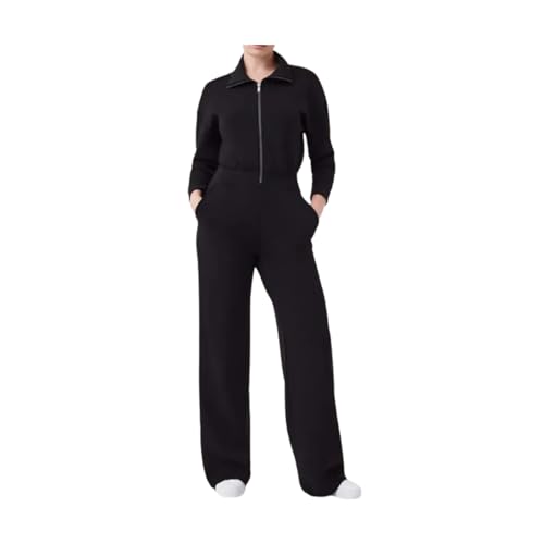 LinZong Long Sleeve Wide Leg Jumpsuits,New Casual Zip Up One Piece Formal Romper,Womens Loose Pockets Overalls Workout Outfit (Black, L) von LinZong
