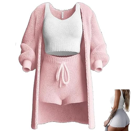 LinZong Misscosy Knit Set 3-Piece, Women's Sexy Warm Fleece Outfits Pajamas, Open Front Hooded Cardigan Top Short.Misscosy 3 Piece (M, Pink) von LinZong