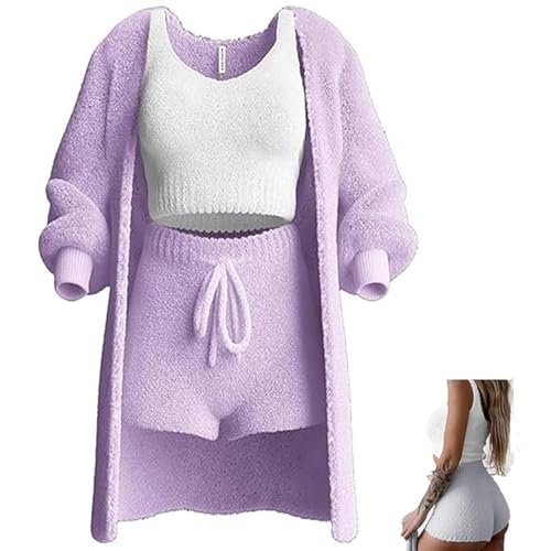 LinZong Misscosy Knit Set 3-Piece, Women's Sexy Warm Fleece Outfits Pajamas, Open Front Hooded Cardigan Top Short.Misscosy 3 Piece (S, Purple) von LinZong