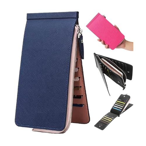 LinZong Multifunctional Long Wallet Slim Durable Extensible Wallet 26 Cards Slots,Women Zipper Pocket Leather Bifold Purse (Blue) von LinZong