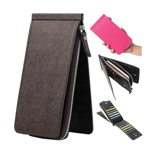 LinZong Multifunctional Long Wallet Slim Durable Extensible Wallet 26 Cards Slots,Women Zipper Pocket Leather Bifold Purse (Dark Brown) von LinZong