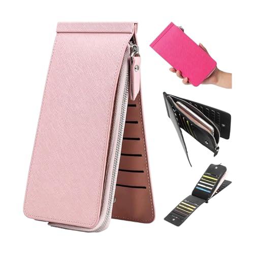 LinZong Multifunctional Long Wallet Slim Durable Extensible Wallet 26 Cards Slots,Women Zipper Pocket Leather Bifold Purse (Pink) von LinZong