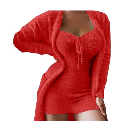 LinZong Plush Casual Dress Set 2-Pieces，Casual Dream Dress Set，Sexy Pajamas for Women Sets with Pockets (DE/NL/SE/PL, Alphanumerisch, M, Regular, Regular, Red) von LinZong