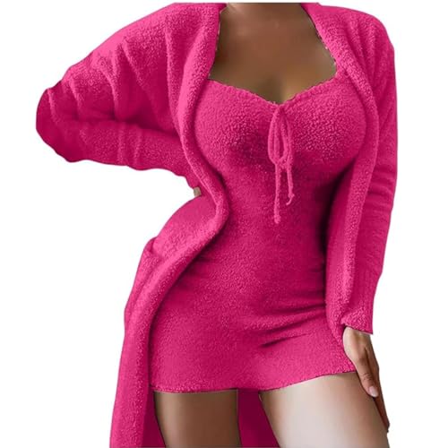 LinZong Plush Casual Dress Set 2-Pieces，Casual Dream Dress Set，Sexy Pajamas for Women Sets with Pockets (DE/NL/SE/PL, Alphanumerisch, XL, Regular, Regular, Rose) von LinZong