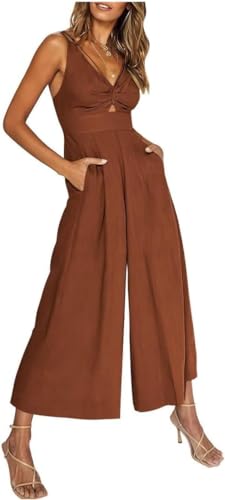 LinZong V Neck Cutout Wide Leg Jumpsuits, Women's Tie Knot Front Sleeveless One-Piece Romper, Casual Summer Adjustable Strap Rompers (Caramel, XXL) von LinZong