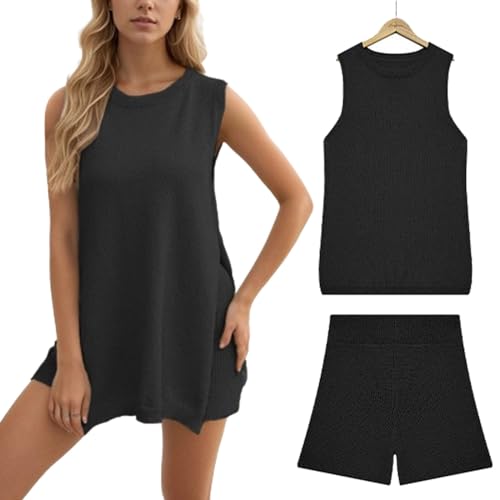 LinZong Women's Summer Knit Sweater Set,Casual Sleeveless Sweater Tank Top and Shorts 2 Piece Outfits,Trendy Beach Lounge Sets (Black,L) von LinZong