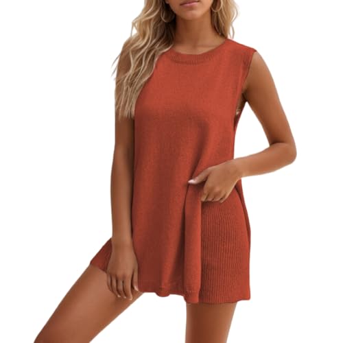 LinZong Women's Summer Knit Sweater Set Sleeveless,Tunic Top Matching Shorts 2 Piece, Knit Pajamas Sets for Women (DE/NL/SE/PL, Alphanumerisch, L, Regular, Regular, red) von LinZong