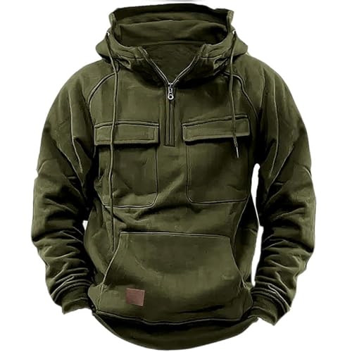 Mens Tactical Sweatshirt Quarter Zip Cargo Pullover Hoodies, Pocketed Drawstring Fall Winter Casual Sweatshirts, Windproof Warm Hoodie Coat for Workout Gym Sports Running Outdoor. (2XL, Green) von LinZong