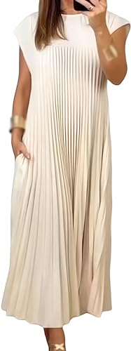 LinZong Women Pleated Simple Solid Color Dress,Round Neck Sleeveless Loose Pleated Solid Summer Dress,Cap Sleeve Pleated Long Dress (DE/NL/SE/PL, Alphanumerisch, M, Regular, Regular, beige) von LinZong