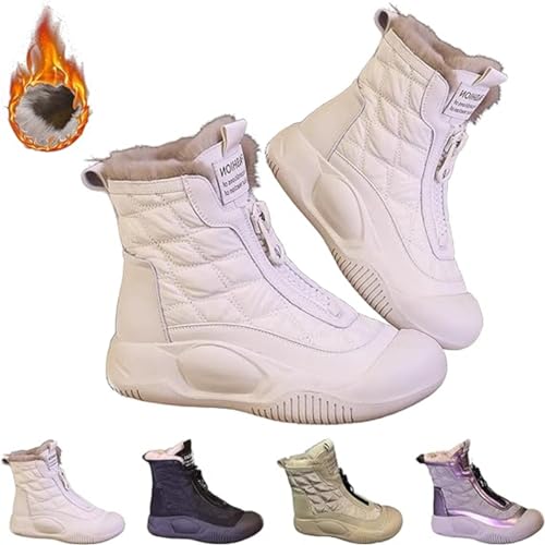 Women's High Top Warm Snow Boots,Padded Boots Made from Thickened Leather,Winter Plush with Zip Up Anti Slip Boots (White, 38) von LinZong