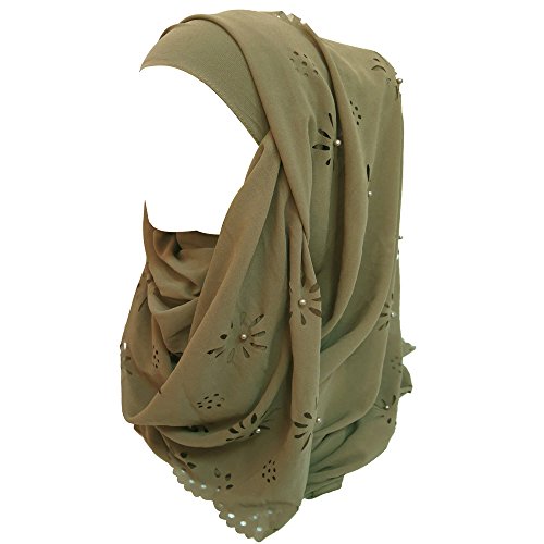 Lina & Lily Chiffon Hijab Kopftuch Schal mit Blumen und Perlen für muslimische Frauen (Khaki) von Lina & Lily