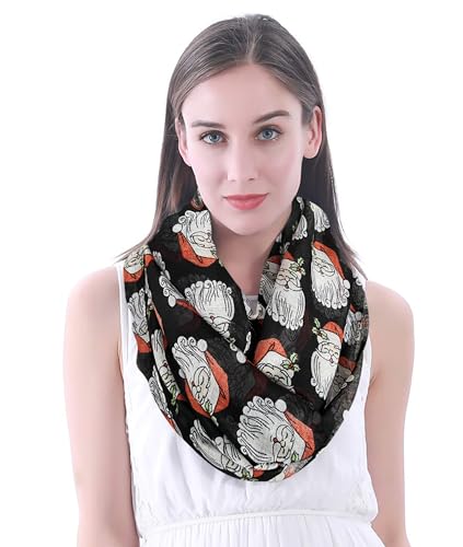Lina & Lily Damen Loop Schal mit Weihnachts-Muster (Schwarz, Weihnachtsmann mit Stechpalmenblatt) von Lina & Lily