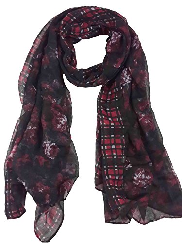 Lina & Lily Damen Schal mit Blumenmuster, leicht, Plaid Floral – Schwarz, Rot, One size von Lina & Lily