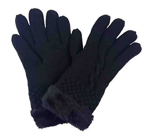 Lina & Lily Damen Warm Winter Handschuhe mit Strickmuster Kunstpelz-Besatz (Schwarz) von Lina & Lily