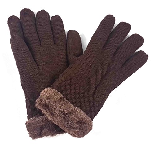 Lina & Lily Damen Warm Winter Handschuhe mit Strickmuster Kunstpelz-Besatz (Dunkelbraun) von Lina & Lily