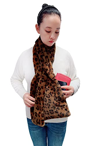 Lina & Lily Damen Winter Pull-Through Kunstpelz Schal mit versteckter Reißverschlusstasche (Leopard Braun) von Lina & Lily