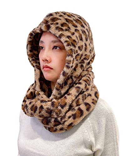 Lina & Lily Kapuzenschal Damen Winter Loop Schal aus Kunstfell (Leopard Braun) von Lina & Lily