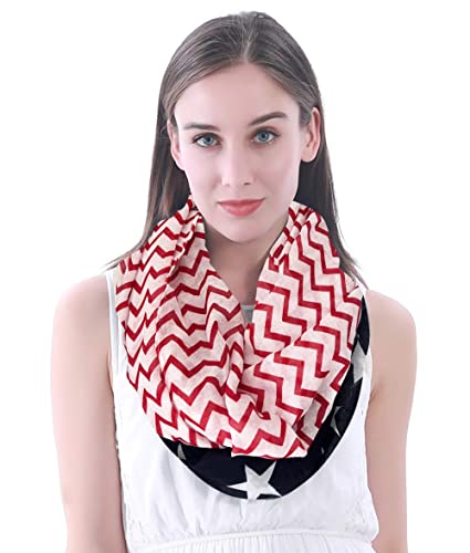 Lina & Lily Damen Loop Schal Schlauchschal mit Stern-Print, Leichter Stoff für Winter Herbst Frühling Sommer (Dunkelblau/Rot/Weiße-Chevron) von Lina & Lily