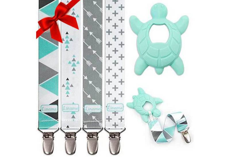 Liname Schnullerbefestigung 4er Set Schnullerkette Schnuller Halter Schnullerhalter Schnullerband, mit Metall Clip inkl. Beißspielzeug von Liname