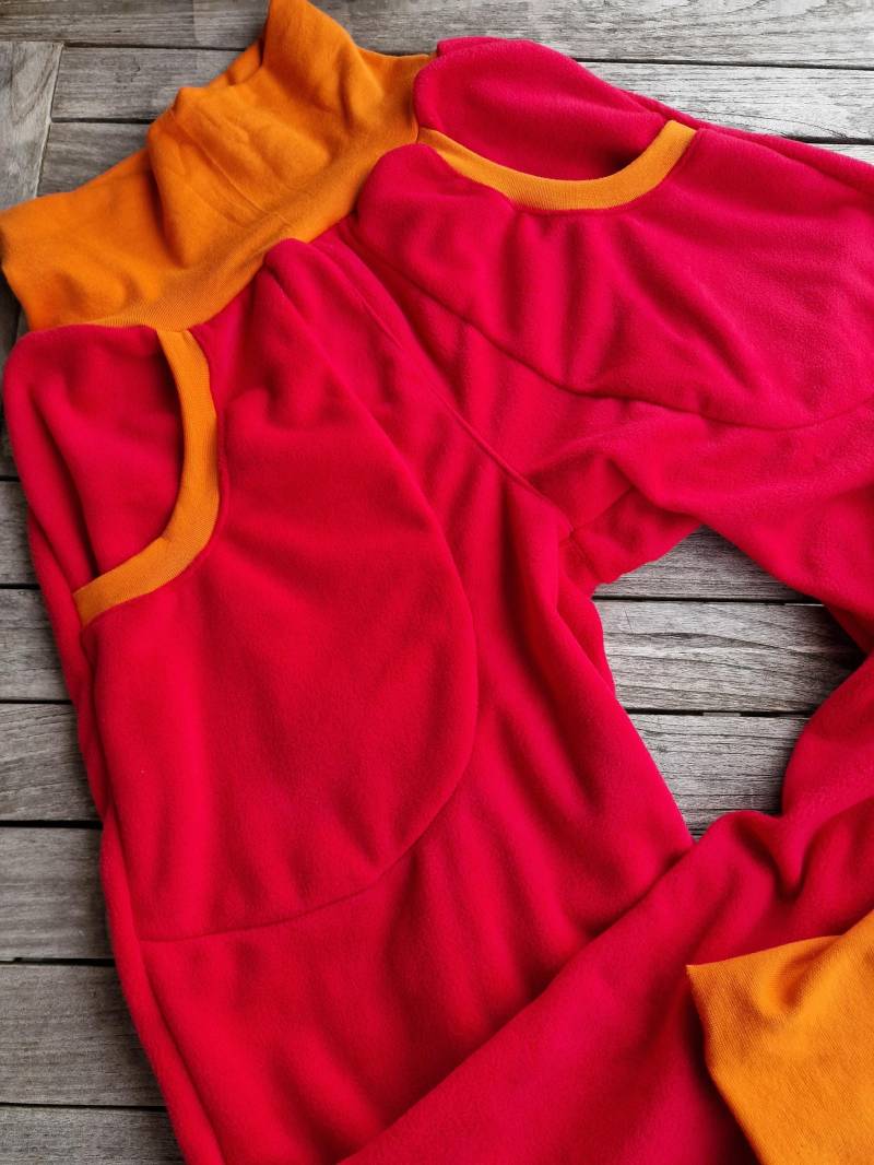 Hose Aus Weichem Fleece Retro Damen Lang Kuschelig Stoff Damenhose Sportliche Für Pumphose Mit Taschen Chillhose Relaxhose Orange von LinasTraumwerkstatt