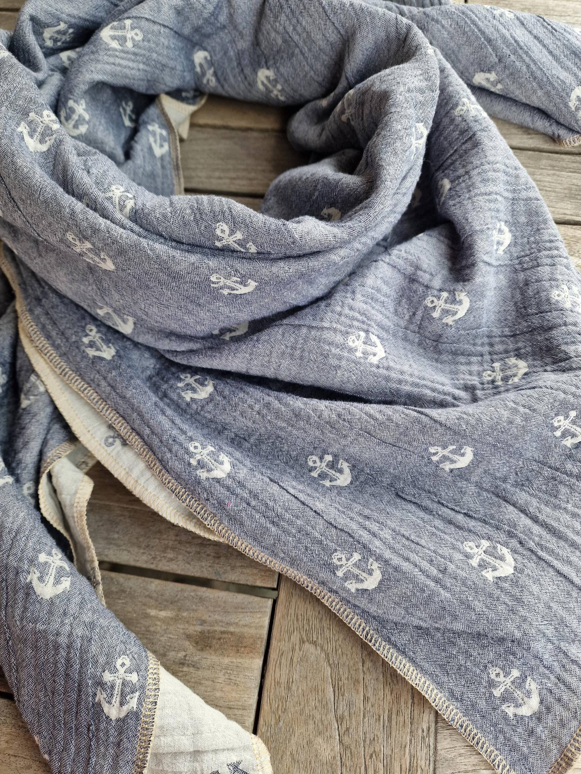 Musselintuch Xxl Tuch Damen Schal Anker Maritim Grau Sommer Buntes Damentuch + Aus Musselin Schaltuch Wickelschal Größe Wählbar von LinasTraumwerkstatt