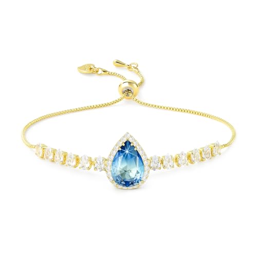Linawe Aquamarin Armband Blau, Gold Tennisarmband Armbänder Damenarmband Armband Set, Fossil Edelstein Diamant Bettelarmband Damen, Armkette Handkette Bracelet, Kristall Schmuck von Linawe