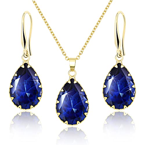 Linawe Goldkette Halskette Anhänger Gold Schmuck Set Damen, Saphir Schmucksets Ohrringe set, Ohrringe Hängend Modeschmuck Jewelry, Brautschmuck Goldschmuck von Linawe