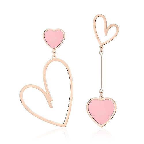 Linawe Herz Ohrringe Pink Rosegold - Damenohrringe Hängeohrringe Ohrhänger Edelstahl, Grosse Hängend, Tropfen Titan Set von Linawe