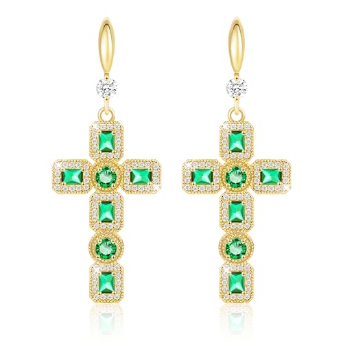 Linawe Kreuz Ohrhänger Ohrringe Grün, Kreuz Ohrringe Gold Hängend, Moissanite Geburtsstein Kristall Strasssteine Ohringe, Modeschmuck Ohrringe Frauen Vergoldet Kreuz Anhänger von Linawe