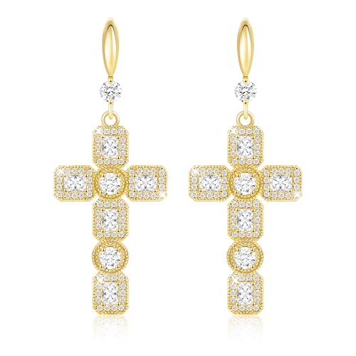 Linawe Kreuz Ohrringe Gold Hängend, Ohrhänger Goldene Ohrringe Damen, Kristall Ohringe Strasssteine Modeschmuck Tropfen Hängende Ohrringe, Kreuz Anhänger Geburtsstein Moissanite von Linawe