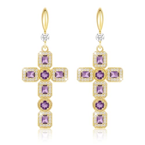 Linawe Kreuz Ohrringe Gold Hängend Ohrhänger Schmuck, Damenohrringe Amethyst Lila Kristall Strasssteine Ohringe Modeschmuck, Tropfen Ohrringe Vergoldet Kreuz Anhänger Geburtsstein von Linawe