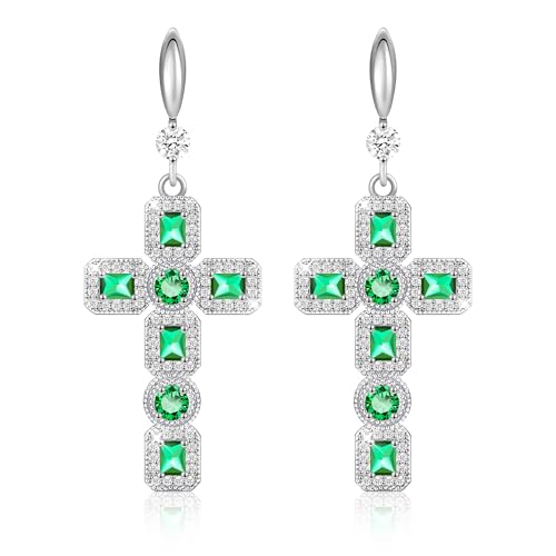 Linawe Kreuz Ohrringe Grün, Ohrhänger Silber, Hängende Ohrringe Silber Hängend, Kreuz Anhänger Modeschmuck Schmuck Set, Kristall Strasssteine Tropfen Ohrringe Hängende Weißgold von Linawe