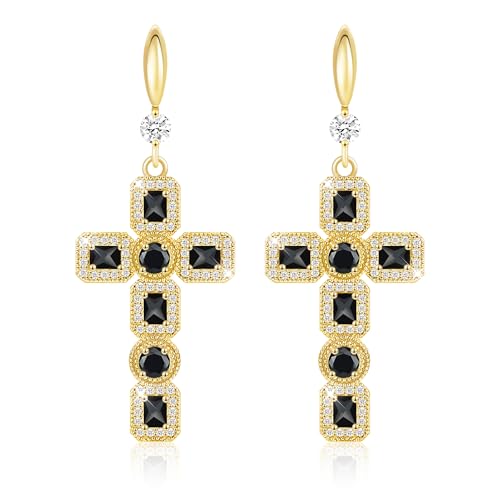 Linawe Kreuz Ohrringe Lang Hängend, Ohrringe Schwarz Damen, Gold Damenohrringe Schmuck Set, Kreuz Anhänger Ohrhänger Tropfen Ohrringe, Kristall Strasssteine Geburtsstein Modeschmuck von Linawe