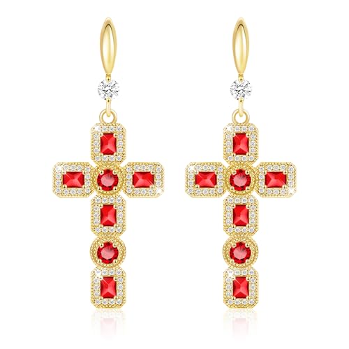 Linawe Kreuz Ohrringe Rot, Damenohrringe Ohrringe Gold Hängend, Goldene Ohrringe Schmuck, Kristall Strasssteine Ohringe Modeschmuck, Tropfen Ohrringe Vergoldet Hängende Ohrringe von Linawe
