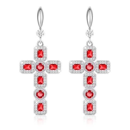 Linawe Kreuz Ohrringe Silber, Ohrhänger Rot Ohrringe Hängend Damenohrringe, Kristall Ohringe Strasssteine Modeschmuck Tropfen Ohrringe, Kreuz Anhänger Hängende Ohrringe Set von Linawe