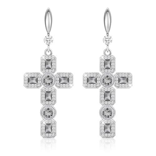 Linawe Kreuz Ohrringe Silber Hängend, Ohrhänger Damenohrringe Schmuck, Moissanite Kristall Ohringe Geburtsstein Kreuz Anhänger Modeschmuck Damen, Modeschmuck Ohrringe Set Weißgold von Linawe