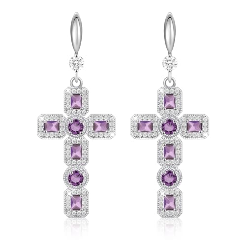 Linawe Kreuz Ohrringe Silber Hängend, Ohrhänger Schmuck Damenohrringe, Kristall Strasssteine Kreuz Anhänger Weißgold Geburtsstein Moissanite Ohringe, Modeschmuck Tropfen Ohrringe von Linawe