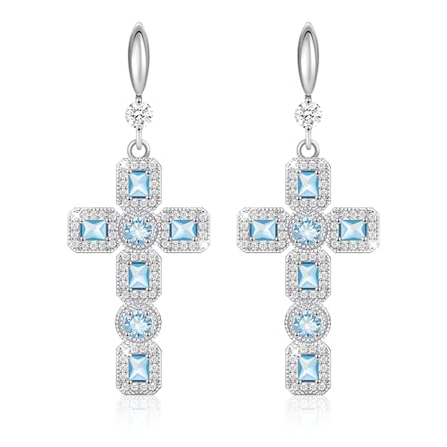 Linawe Kreuz Ohrringe Silber Hängend, Ohrhänger Schmuck Damenohrringe Kristall Ohringe Set, Strasssteine Modeschmuck Tropfen Hängende Ohrringe, Aquamarine Blue Geburtsstein Moissanite von Linawe