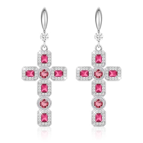 Linawe Kreuz Ohrringe Silber Hängend, Ohrhänger Schmuck Damenohrringe Rosa Ohrringe Set, Kristall Ohringe Strasssteine Kreuz Anhänger Geburtsstein Moissanite Ohrringe Frauen von Linawe