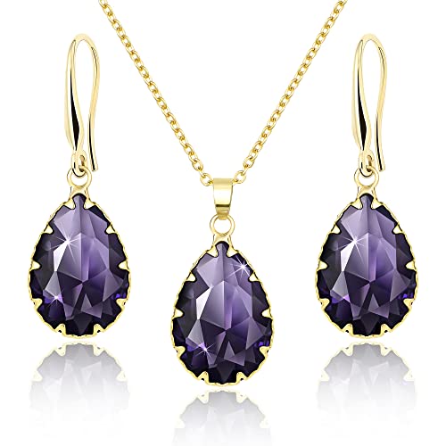Linawe Lila Schmucksets Schmuck Set Damen, Damenohrringe Ohrringe Set Ohrringe Gold Hängend, Kette Halskette Amethyst Anhänger, Goldene Modeschmuck Brautschmuck Jewelry von Linawe