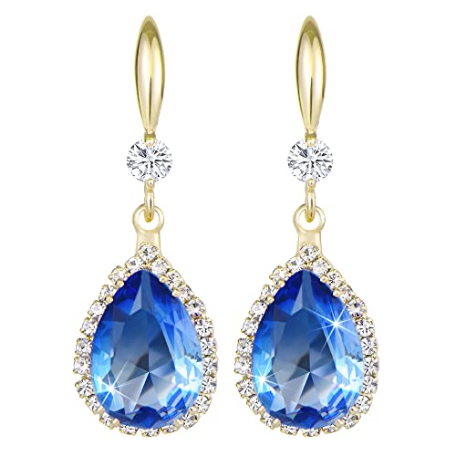 Linawe Hängende Ohrringe - Blauer Stein, Goldene Tropfen Ohrringe mit Kristall und Diamanten von Linawe