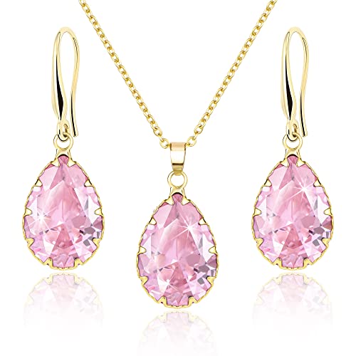 Linawe Pink Schmuck Set Schmucksets für Damen, Gold Kette Halskette Anhänger, Ohrringe Gold Hängend Hochzeit Damenohrringe, Goldschmuck Goldene Modeschmuck Jewelry Set von Linawe