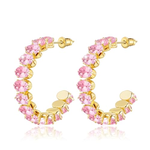 Linawe Rosa Creolen Gold Groß Ohrringe Hängend, Ohrhänger Vergoldet Ohrschmuck Edelstahl Ohrring Damen, Modeschmuck Ohrringe mit Stein von Linawe