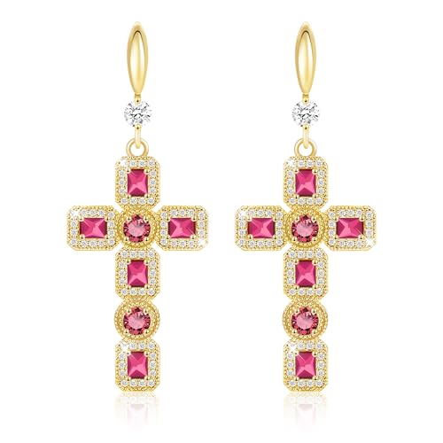 Linawe Rosa Kreuz Ohrringe Gold Hängend, Ohrhänger Schmuck Damenohrringe Ohrringe Set, Kristall Ohringe Strasssteine Modeschmuck Ohrringe Vergoldet, Kreuz Anhänger Tropfen Ohrringe von Linawe